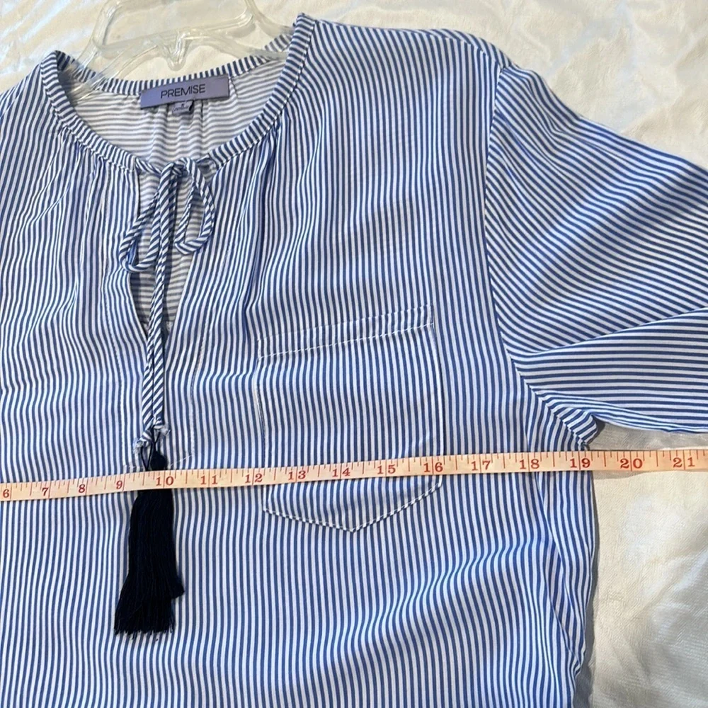 Premise Blue And White Striped Hi Lo Tunic Top Size Small Front Pocket